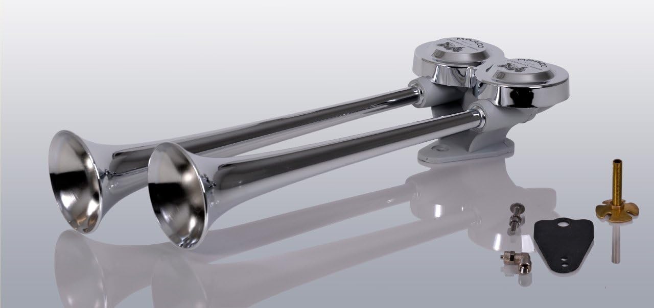 Marco Truck compressed air double horn 38 cm and 42 cm long (funnel made of high-gloss chrome-plated brass).