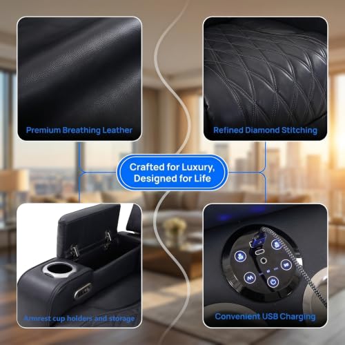 Image of Power Recliner Leather Sectional Sofa with Bass Speakers, Cup Holder Storage for Home Theater