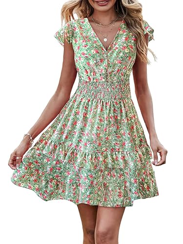 Image of PRETTYGARDEN Womens Summer Dresses Boho V Neck Floral Print Ruffle Sleeve Layered Mini Dress Cute Smocked Waist Short Dress