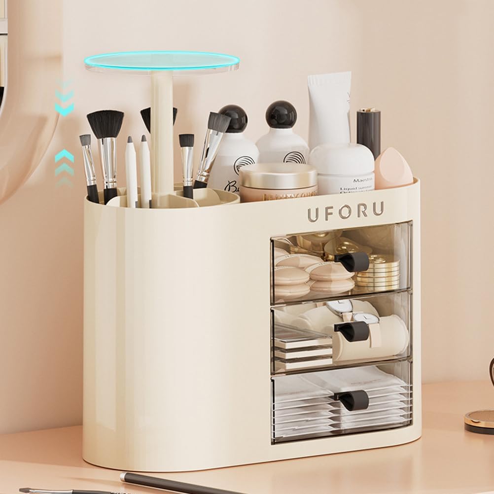 Makeup Organizer, Skincare Organizer with 2 Drawers and Brush Storage Box,Lipstick Holder,Cosmetic Display Case for Vanity Organizer and Bathroom Countertop Storage,Flesh
