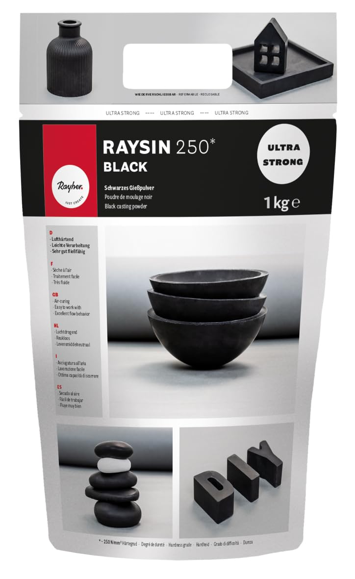 Rayher Raysin 250 34479576 Casting Powder, 1 kg Bag, Relief Casting Powder, Air-Hardening and Odourless, Black