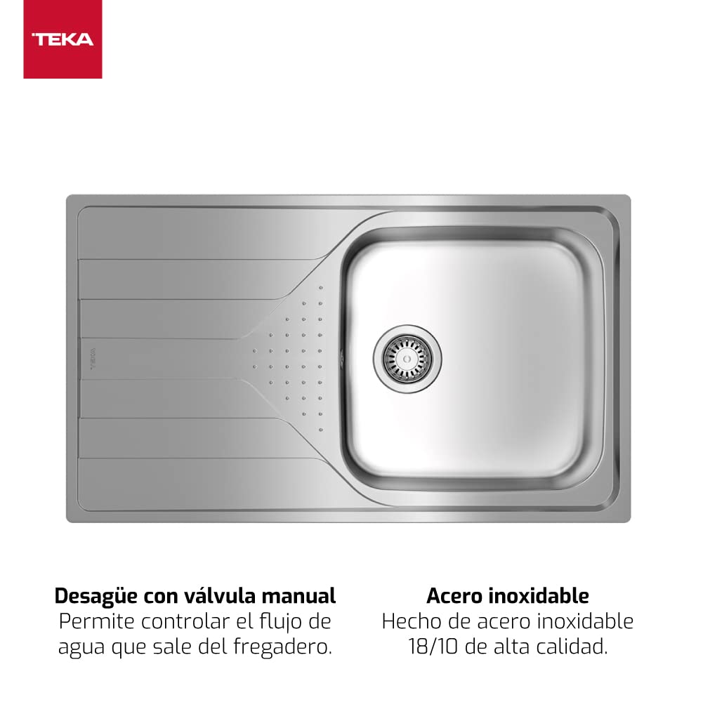 TEKA Fregadero Encastrado 1 Cubeta con Escurridor Izquierda en Acero Inoxidable, Profundidad Cubeta 190mm, Mueble 50cm, Desagüe Manual con Válvula Canasta y Sifón, Universe 50 T-XP 1C 1E Plus