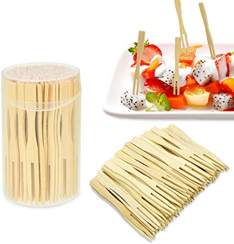 Bamboo Forks 3.5 Inches Disposable Mini Food Picks Double Prong Fruit Cocktail Forks Blunt-end Forks for Appetizer, Cocktail, Fruit, Pastry, Dessert (110 Pcs)