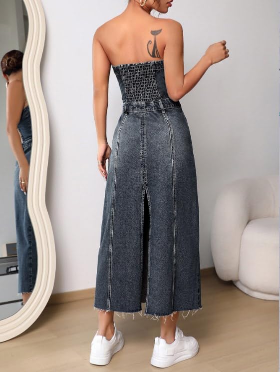 utcoco Denim Dress for Women Sexy Strapless Denim Tube Tops Back Smocked Jean Dresses for Women 20254