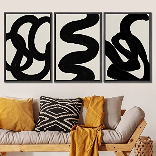 SIGNLEADER Framed Canvas Print Wall Art Set Duotone Minimal Dark Brush Stroke Landscape Abstract Shapes Illustrations Modern Art Boho Decorative for Living Room, Bedroom, Office - 24