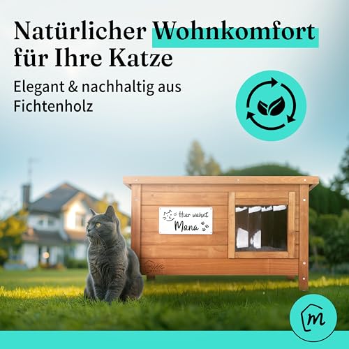 MIEZ MAGIC Katzenhaus Outdoor Winterfest isoliert - Robustes Katzenhaus für draussen aus Fichtenholz - Wasserdicht & isoliert mit Dachscharnier - Komfort Katzenhütte inkl. Katzenkissen 67x53x43cm