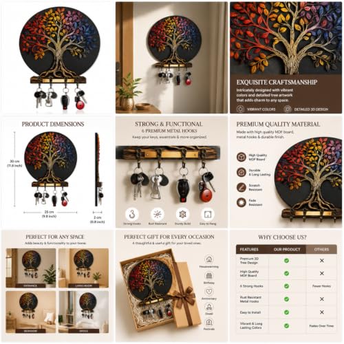 Image of Tree of Life Wooden Key Holder for Wall | Multicolor Decorative Key Rack with 6 Hooks | Stylish MDF Key Organizer for Home Entrance, Living Room, Office & Housewarming Gift