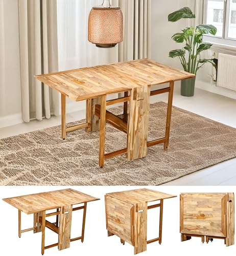 Image of Two-Side Folding Teakwood Table - Space-Saving Design, Sturdy Build, Adjustable Levelers, Multi-Purpose Dining, Work, Study, Easy Assemble, Compact Indoor Outdoor Use - DIY Model - Natural - Dawnriser