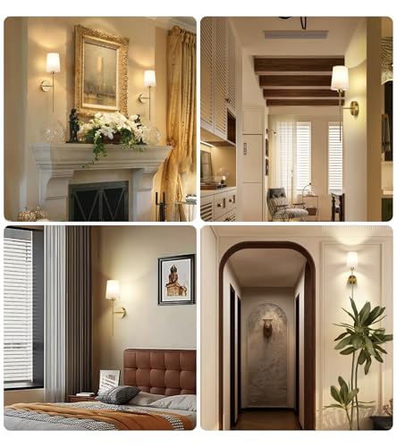Image of Battery Operated Wall Sconce Set of 2, 12 RGB Light Bulb & Remote Control, Wireless Wall Light with Rechargeable Bulb, Fabric Shade & Metal Frame, Brass