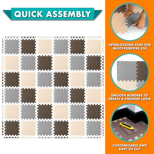 Image of ProSource Baby Play Mat, Soft Foam Floor Tiles for Kids, Interlocking EVA Panels for Playpen Use, Crawling Development Surface, Safe Non-Toxic Toddler Flooring, 36 Tiles, Brown /Beige /Gray