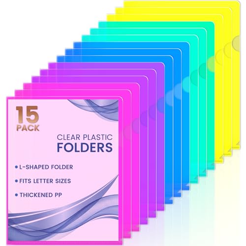 Sooez 15 Pack Clear Document Folder, Plastic Sleeves for Paper 8.5 x 11, Plastic File Folders Paper Sleeves Protector, Heavy Duty Poly File Jacket Sleeves Pocket Folder Cover,5 Assorted Colors