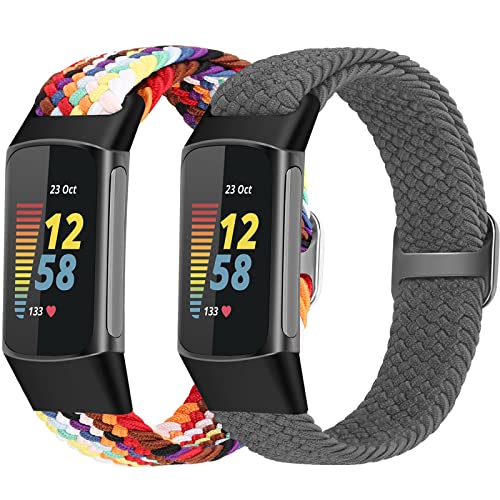 Yunshare Elastische Geflochtene Armband Nur Kompatibel mit Fitbit Charge 5, Verstellbare Solo Loop Dehnbares Nylon Gewebe Ersatzarmbänder für Fitbit Charge 5 Fitness Tracker Damen Herren Cover