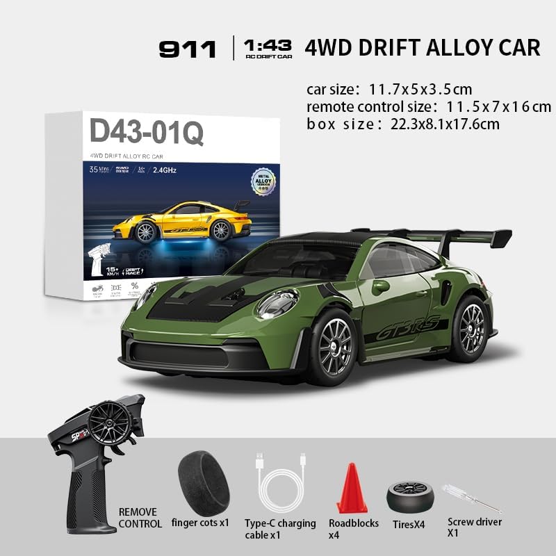 1:43 Scale Mini RC Drift Car, 4WD Alloy RC Drift Racing Car with Gyro & LED Lights, 2.4G Proportional 20km/h Speed Remote Control Vehicle for Adults