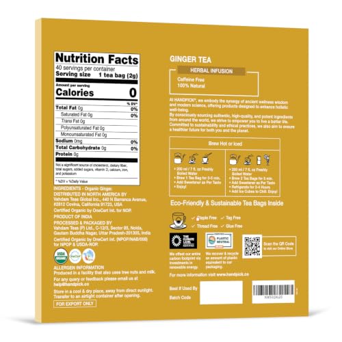 Image of HANDPICK Organic Ginger Tea (40 Tea Bags) 100% Pure Ginger Root, Non GMO