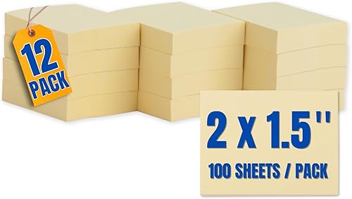 1InTheOffice Notas adhesivas pequeñas de 1.5 x 2, almohadilla autoadhesiva, notas de palo emergentes de 1.5 x 2, amarillo, 100 hojas, 12 unidades