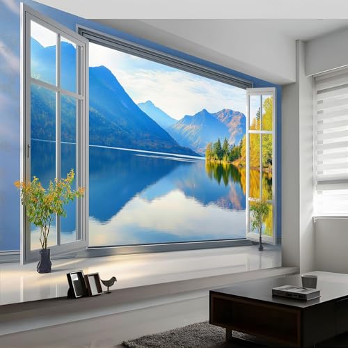 Vista Fuori Dalla Finestra Carta da Parati Paesaggi Naturali Montagne Laghi Fotomurale Non Tessuto, Poster Gigante Decorazione da Muro, 200 x 140 cm per Soggiorno Camera Letto Ufficio TV Sfondo