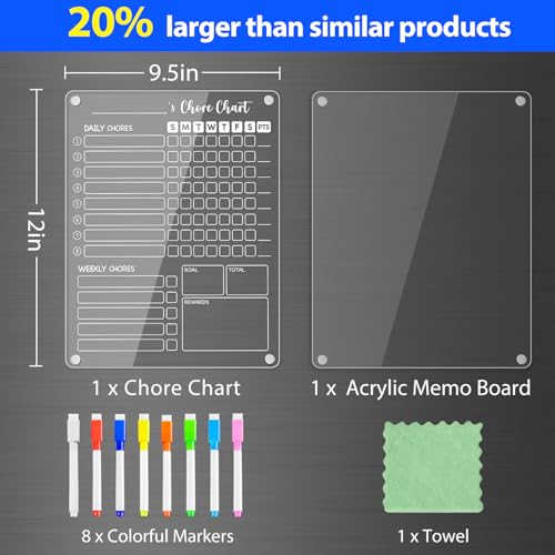 Image of PigPotParty Clear Acrylic Magnetic Chore Chart and Blank Memo Whiteboard for Fridge, 2 Pack 9.5 inchx12 inch Dry Erase Board to Do List Meal Planner for Adult Teens Kids Family, Include 8 Markers & 1 Towel