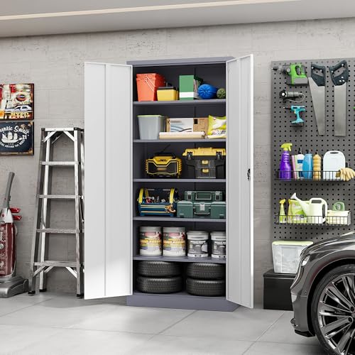 Image of Yizosh Metal Garage Storage Cabinet with Lock, 72 inch Locking Tool Cabinet with 2 Doors and 4 Shelves for Garage,Office,School (Gray White)