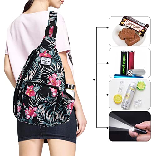 Hawee Rope Sling Bag For Women And Men Casual Cross Body Backpack Adjustable Anti-Slip Strap/Bottle Pocket/Earphone Hole For Travel Hiking Sports, Hibiscus Magenta #TOP4