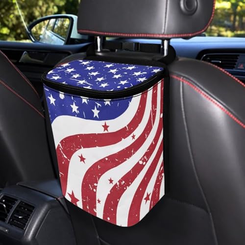 Image of Talayituse Retro American Flag Print Car Trash Bin, Large Size Auto Trash Can Adjustable Portable Garbage Can with Lid, 4th of July Decor Vehicle Hanging Bag for Headrest Front Back Seat