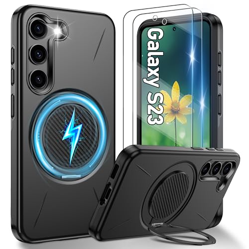 Gritup für Samsung Galaxy S23 Hülle für Magsafe mit 2 Stück HD-Bildschirmschutz eingebauter Kickstand Dual Layer Stoßdicht Kamera Guard Schutz in Militärqualität for S23 5g Case-Schwarz