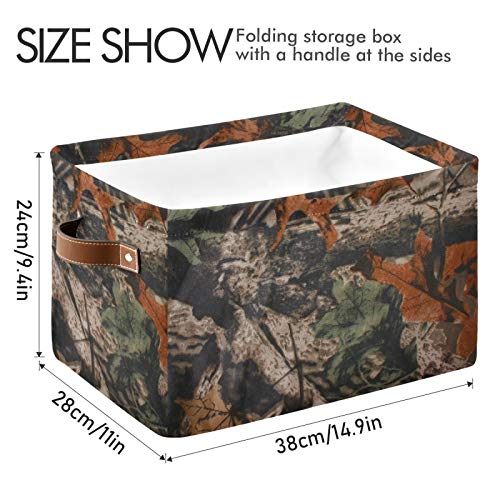 AUUXVA Rectangular Storage Basket Forest Tree Camouflage Collapsible Storage Cubes Organizer with Leather Handles for Home Organization Shelf Basket Toy Laundry Hamper Nursery