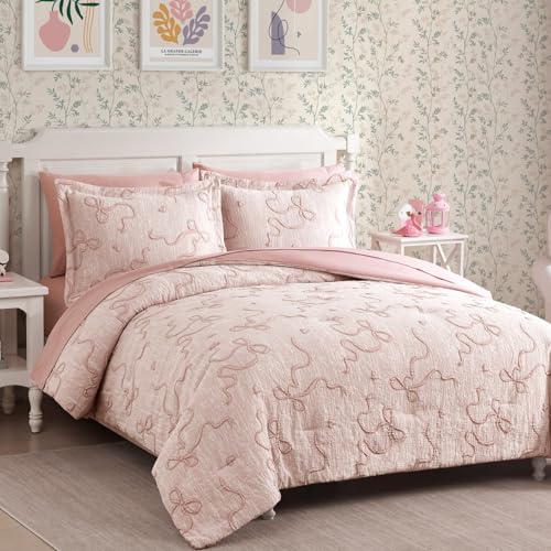 Image of Twin Comforter Set for Girls - 5 Pieces Pink Bedding Set Bow Bed in a Bag