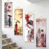 Pennimor 4-Piece Japanese Wall Art, 11.81x35.43in Red Sakura Geisha Canvas Prints, Asian Wall Decor for Living Room Bedroom Office, Traditional Oriental Painting Frameless Wall Art Set