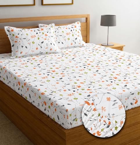 Image of IVAZA Ezyption Cotton Super Soft 240 TC Elastic Fitted All Around Elastic Printed King Size Double Bed Bedsheet with 2 Pillow Cover 72 inch X 78 inch3 White Orange