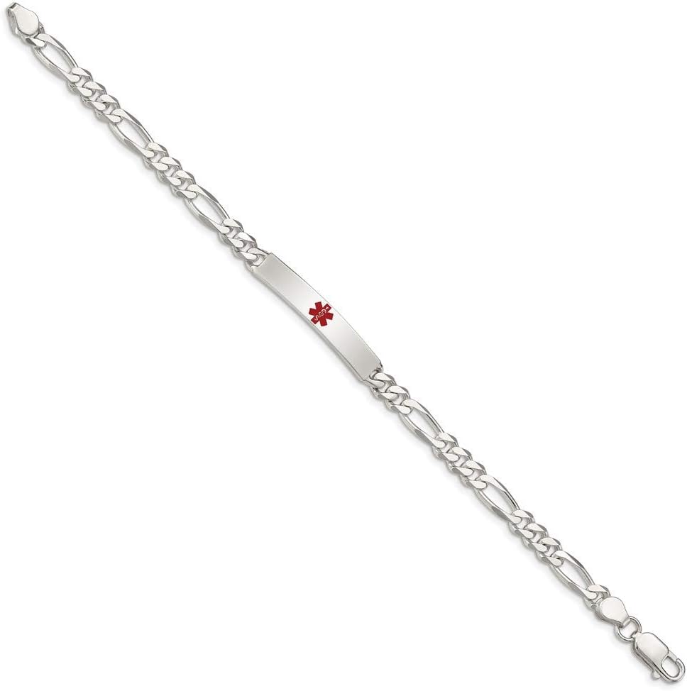 Polished Engravable Personalized Custom 925 Sterling Silver Polished Medical Figaro Anchor Link ID Bracelet For Women Length 7.5 inches Width 6 mm