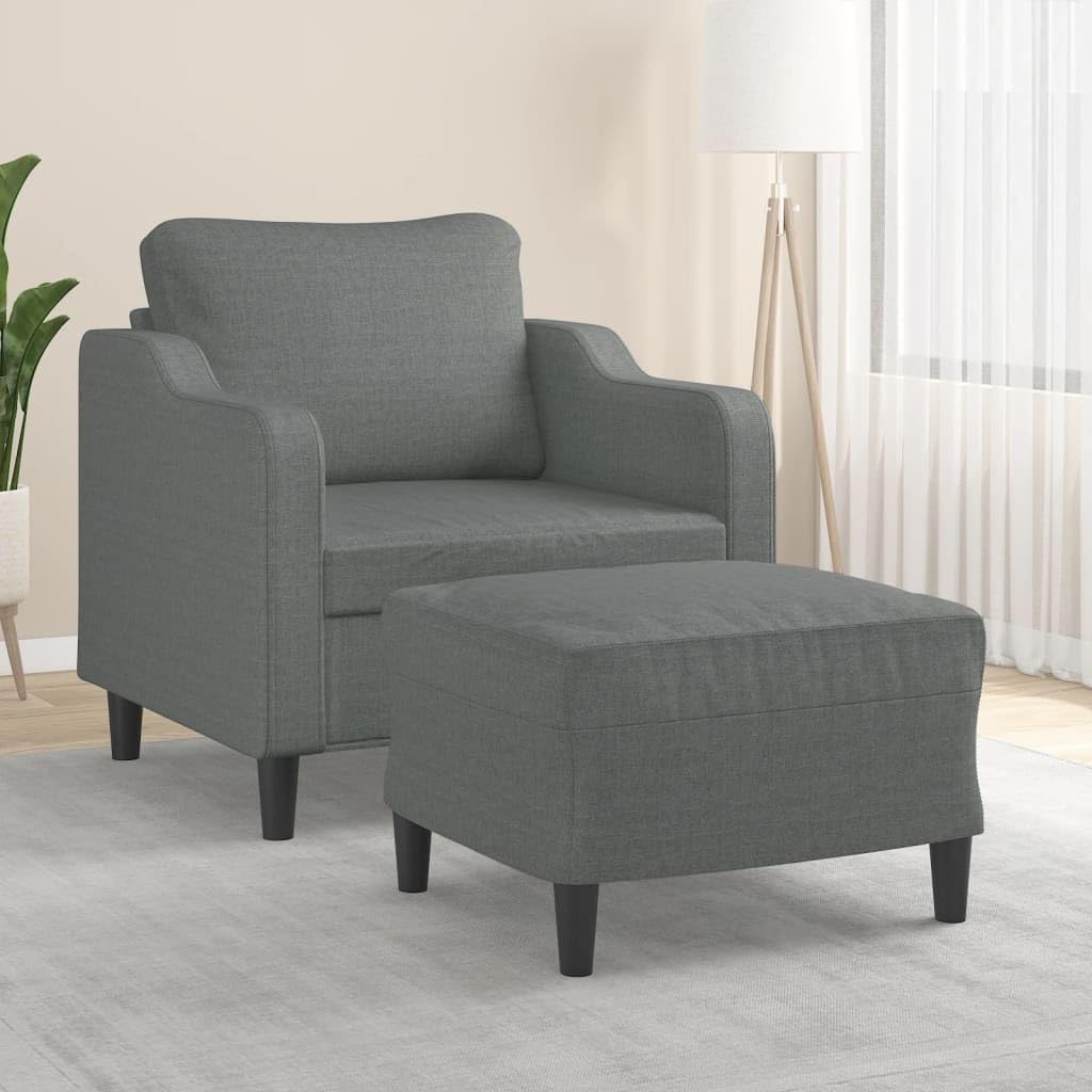 Ciemnoszary fotel z taboretem z materiału 60 cm, wyściełany podłokietnikiem i oparciem, zajmuje mało miejsca do salonu, pokoju gościnnego, pokoju młodzieżowego i biura, relaksujący do salonu