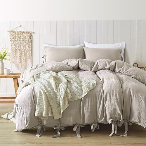 Image of annadaif Khaki Duvet Cover Full Size, 3 Pieces Duvet Cover Set | Soft Washed Comforter Cover ,Bowknot Bow Tie, (1 Duvet Cover 79x90 Inch, 2 Pillowcases) ,Easy Care Bedding Set