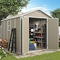 VONZOY Outdoor Storage Shed, 8x10 FT Resin Shed with Floor and Lockable Door, Window & Vents, Tool Sheds & Outdoor Storage for Bike, Garden Accessories, Tools, Waterproof (Light Brown)