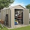 Outdoor storage shed 8×10 ft resin shed with floor and lockable door window vents tool sheds outdoor storage for bike garden accessories tools waterproof light brown  urban country home decor