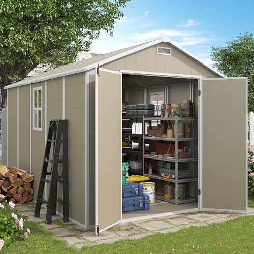 Outdoorstorageshed8x10ftresinshedwithfloorandlockabledoorwindowventstoolshedsoutdoorstorageforbikegardenaccessoriestoolswaterprooflightbrown Urban Country Home Decor Outdoor storage shed 8×10 ft resin shed with floor and lockable door window vents tool sheds outdoor storage for bike garden accessories tools waterproof light brown urban country home decor