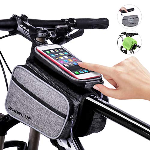 Bike Top Tube Bag with Rain Cover and Detachable Phone Pouch,Bike Frame Bags with TPU TouchScreen,Bicycle Handlebar Bags with Safe Reflective Tape for iPhone Samsung and Smartphone Below 6.5Inch