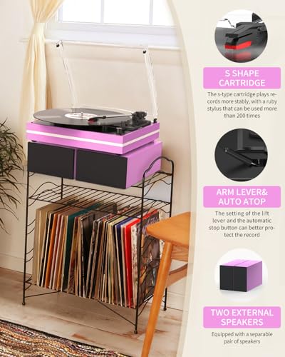 Image of Vinyl Record Player with Two External Speakers Belt-Drive Turntables for Vinyls Records Dual Stereo Speakers LP Players 3 Speed Full Size Wireless AUX-in Headphone Auto Stop Pink