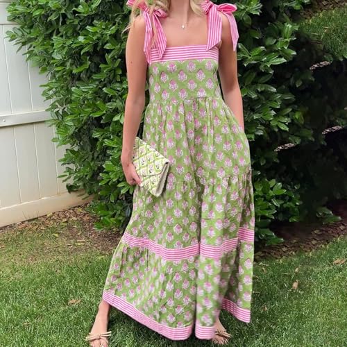 Image of Women Y2k Boho Maxi Dress Tie Shoulder Backless Strappy Tiered Flowy Dress 2024 Summer Floral Beach Sundress