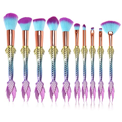 Mermaid Makeup Brushes Set, WAM Direct 2019 10pcs Rainbow Unique Mermaid Makeup Brushes Set(Gradient Pink) with Brush Pouch + 1pcs Silicone Makeup Sponge + 1pc Makeup Wash Egg