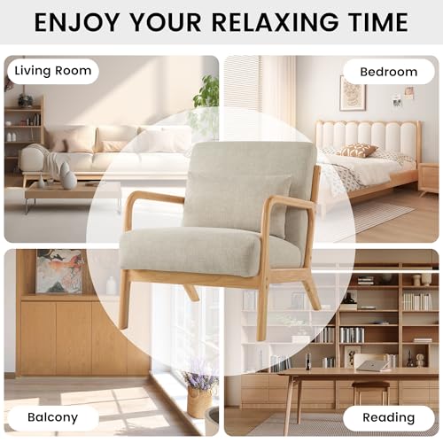 Aunekiv Modern Accent Chair with Pillow, Upholstered Mid-Century Accent Armchair, Comfy Wide Seat Reading Side Chair Adult with Solid Wood Legs for Small Spaces Living Room Bedroom Balcony Lightgrey by Aunekiv - Image 6