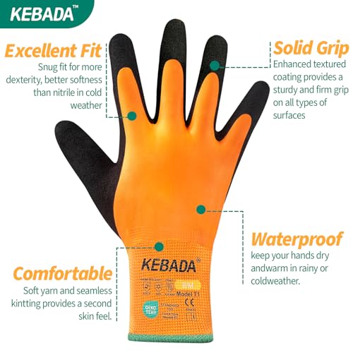 Image of Kebada T1 Waterproof Winter Work Gloves for Men and Women, 3 Pairs, Orange | Medium, warm work gloves, fleece-lined, latex coated, secure grip. Ideal for cold weather, freezer warehouse & snow removal
