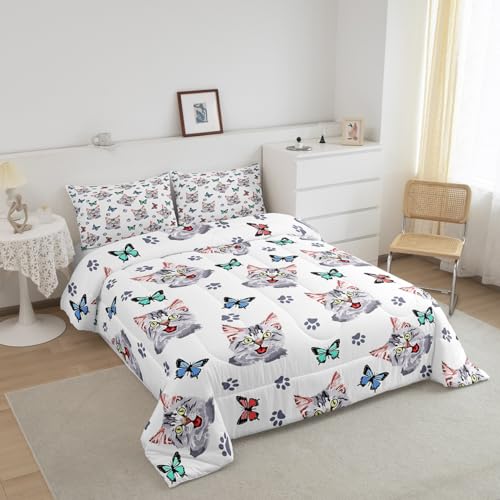 Image of Feelyou Kids Cute Cat Comforter Set Colorful Butterfly Cute Kitten Bedding Set for Boys Girls Cartoon Pet Cats Comforter Kawaii Animal Quilt Room Decor Duvet Set Full Size Boys