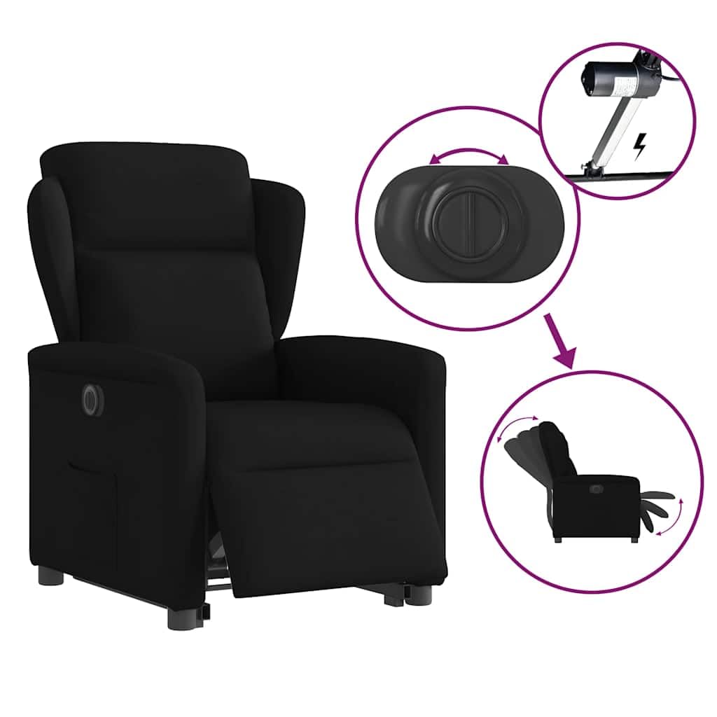Sillón elevador reclinable eléctrico negro de tela con función de elevación y reclinación automática a 135 grados para un asiento cómodo y estable