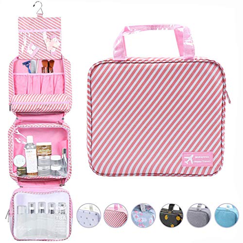 Hanging Travel Toiletry Bag Waterproof Makeup Organizer Large Capacity Portable Travel Storage Pouch Cosmetic Handbag with Sturdy Hook/Detachable Clear Bag/Luggage Strap (Striped Pink)
