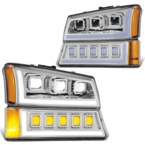 Image of DNA MOTORING Pair Full LED Projector Sequential Headlights Compatible with 03-06 Chevy Silverado 1500 2500 3500 1500HD 2500HD, Start-Up Sequential DRL, Chrome /Amber, HL-HP8-CSIL03-4P-CH-AM