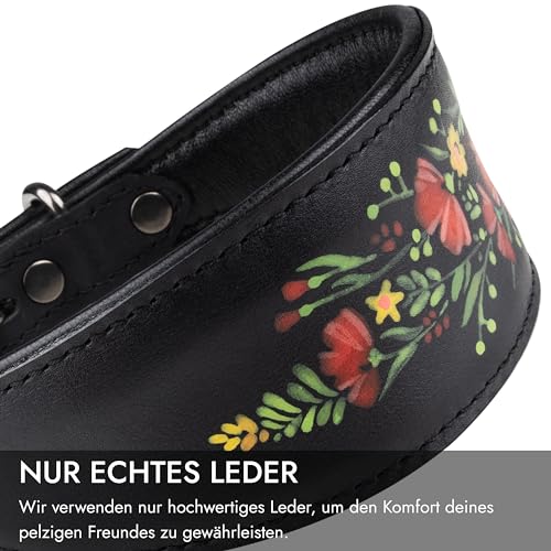 FAVPET Handbemalter Echtleder Windhund Halsband Breit mit QR Code Anhänger, Weiches Lederhalsband Hund Whippet Italienisches Windspiel Saluki Lurcher Spanischer Galgo Podenco (Rote Mohnblumen, XS)