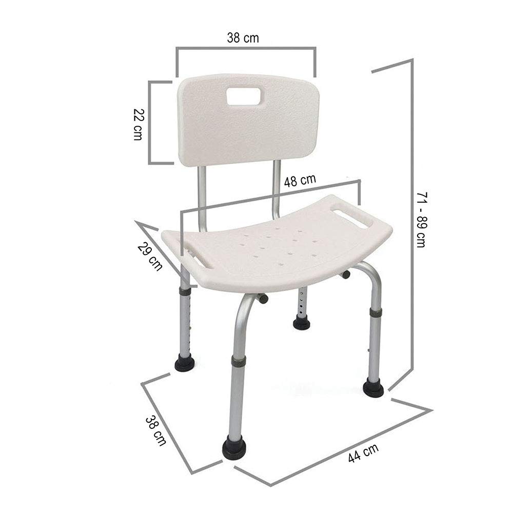 Banqueta para ducha regulable en altura con respaldo y asiento ABS, patas antideslizantes, acabado en blanco