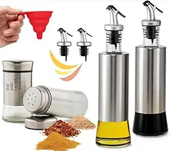 Kit Galheteiro para Azeite e Vinagre com Saleiro e Pimenteiro Prata, Funil Retrátil de Silicone e Bico Dosador com Fluxo Controlado para Cozinha Gourmet