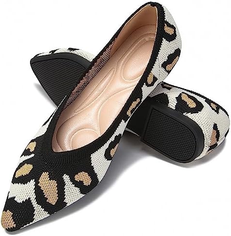 Deehuion Stylish and Comfortable Women’s Ballet Flats with Breathable Mesh Knit – Black Leopard Print Pointed Toe Slip On Shoes
