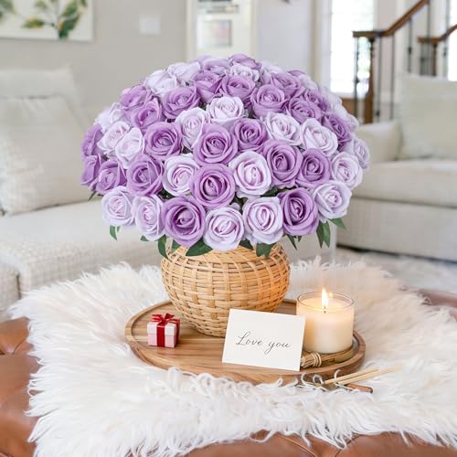 Image of 50 PCS Purple Roses Artificial Flowers, Fake Roses with Stem Realistic Silk Roses for DIY Wedding Bouquets Table Centerpieces Arrangements Baby Shower Birthday Home Decor Valentine's Day Gift for Her